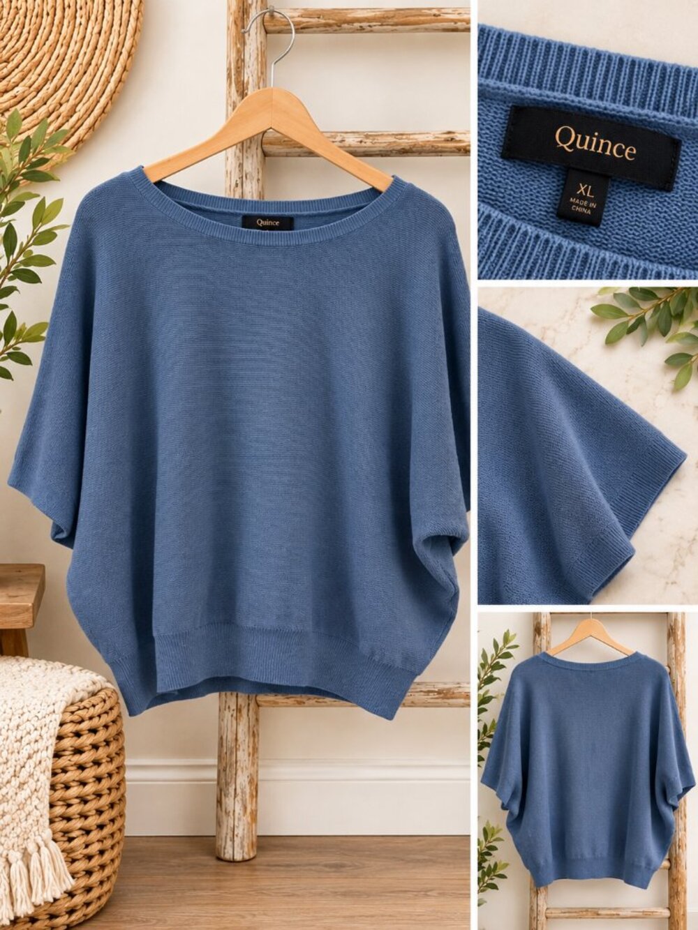 Quince Cashmere Blend Sweater XL Blue Cotton Oversized Dolman Sleeve